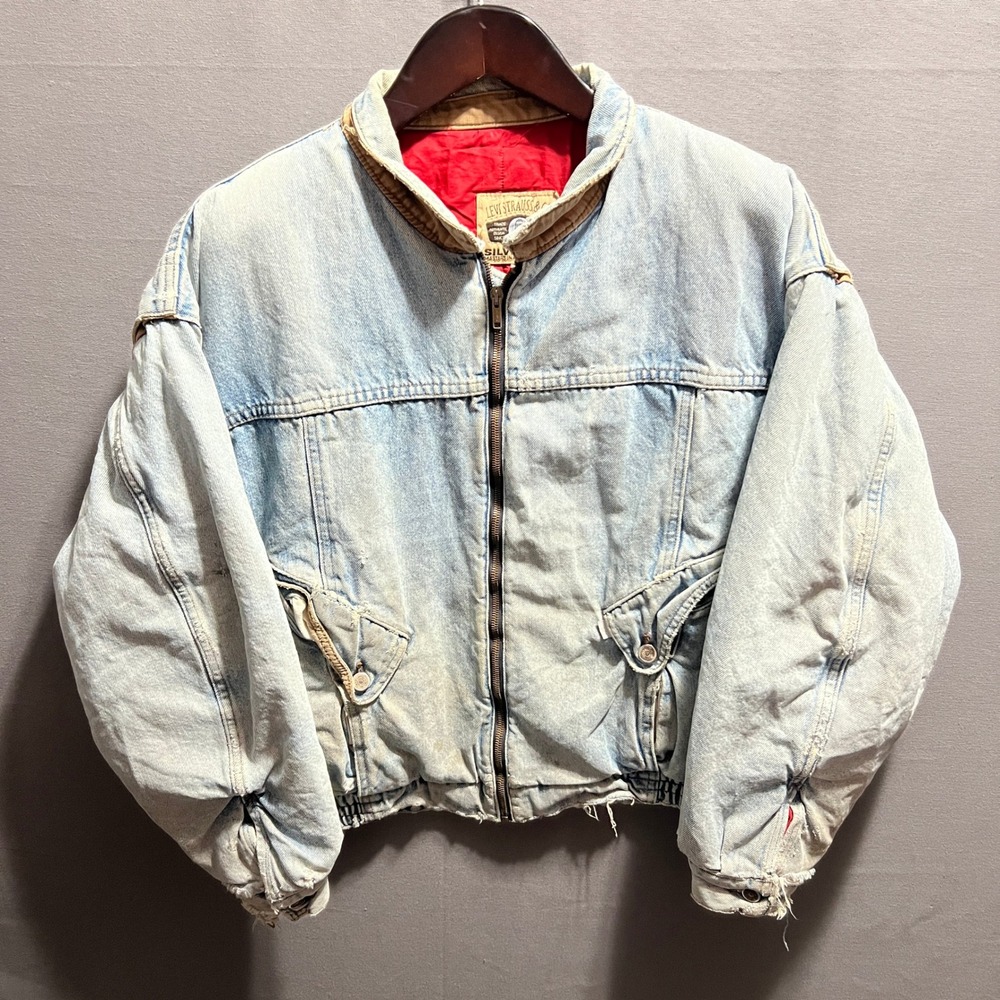 Vintage Levis SilverTab Denim Bomber Jacket XL Light Wash Red Lining Distressed